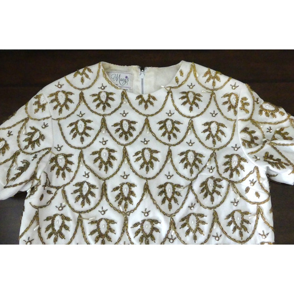 Vtg Macy's 60s Ivory Gold Beaded Top 10 Pearl Drop Tassel Deco Hong Kong - Picture 2 of 13